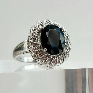 Floral Halo Design Onyx Cubic Zirconia Vintage Sterling Silver Ring sz 7.75